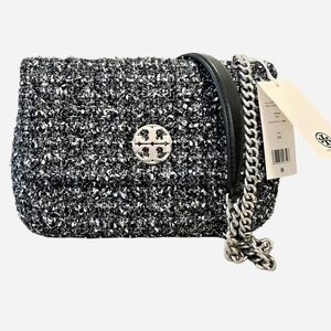 NWT Tory Burch Willa Tweed Black Metallic Silver Crossbody Chain Strap Flap Bag